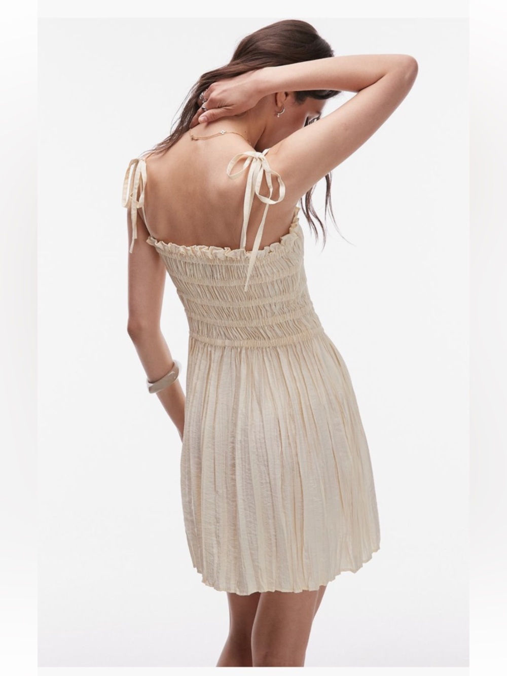 Topshop NWT ivory/cream/nude Shirred Bodice Mini Dress, Tie Straps, “crepe” - Picture 2 of 4